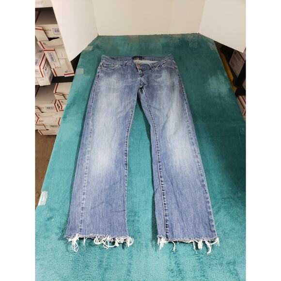 Levis 504 Jeans Size 7 Long Women Blue Stretch Tilted Fray Hem Mid Rise Straight - Picture 1 of 14
